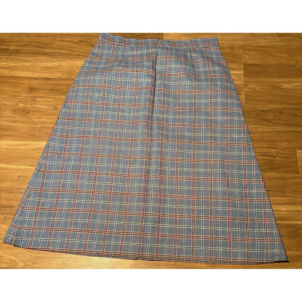 Vintage Plaid A-Line Midi Skirt Light Blue Red White Academic Career Size 25 W